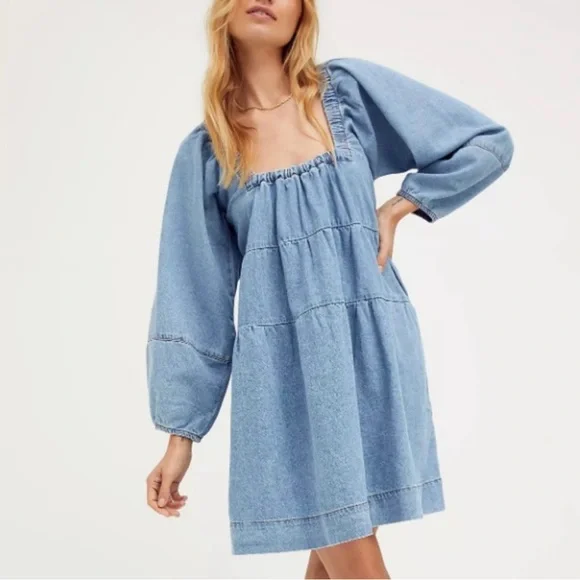 Free People Blue Jean Babydoll Dress Blue S